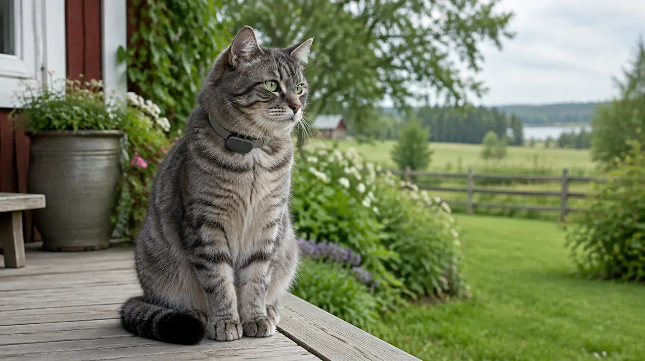 En grå tabbykatt med GPS-halsband sitter på en veranda