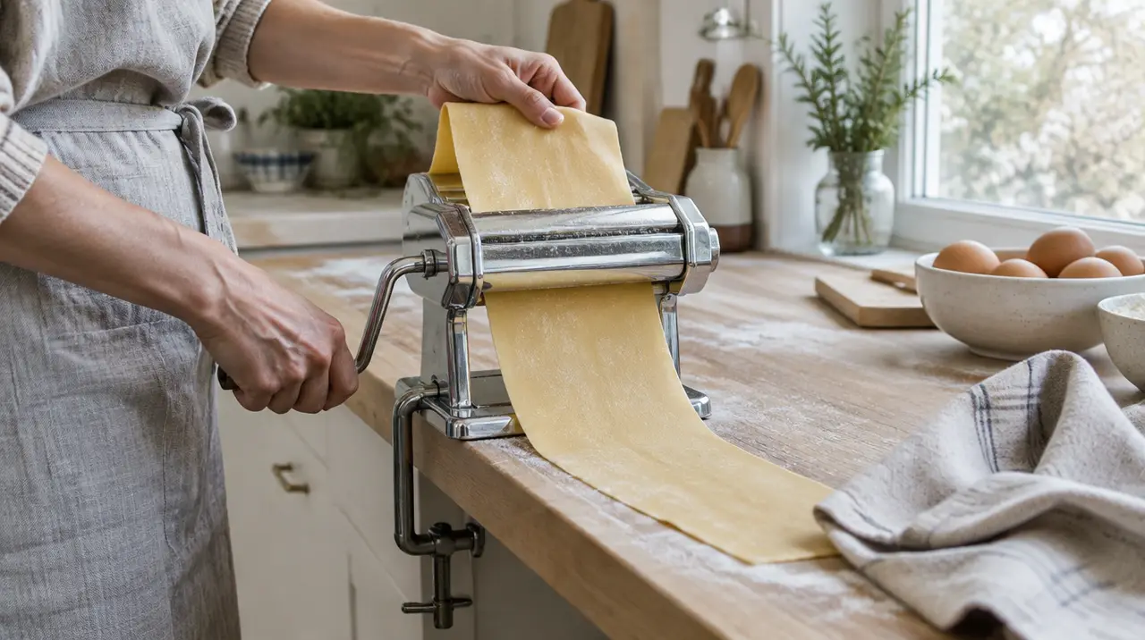 Händer vevar en pastaplatta genom en pastamaskin på en köksbänk