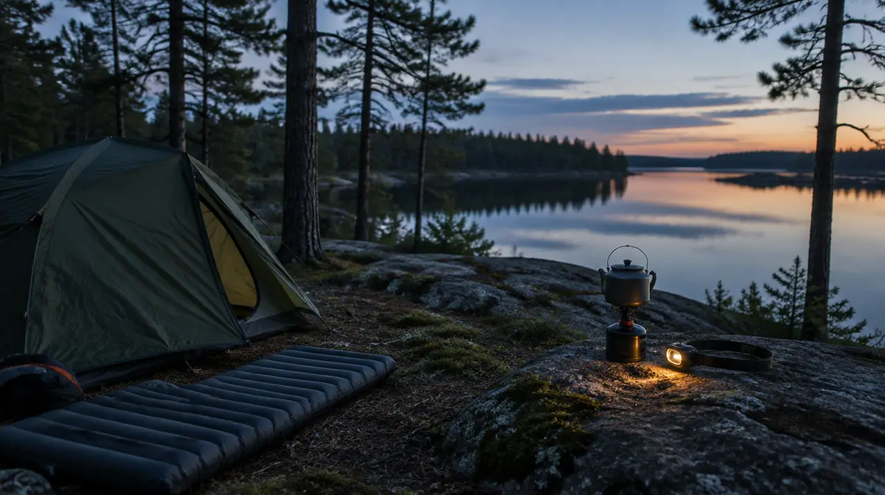 Tält, liggunderlag, kök och pannlampa vid en sjö i skymningen