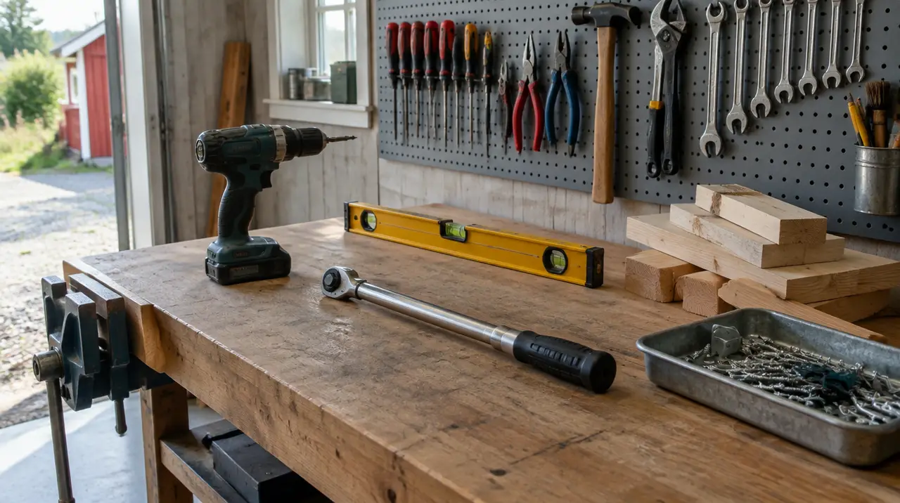 Borrskruvdragare, momentnyckel och vattenpass på en arbetsbänk i ett garage